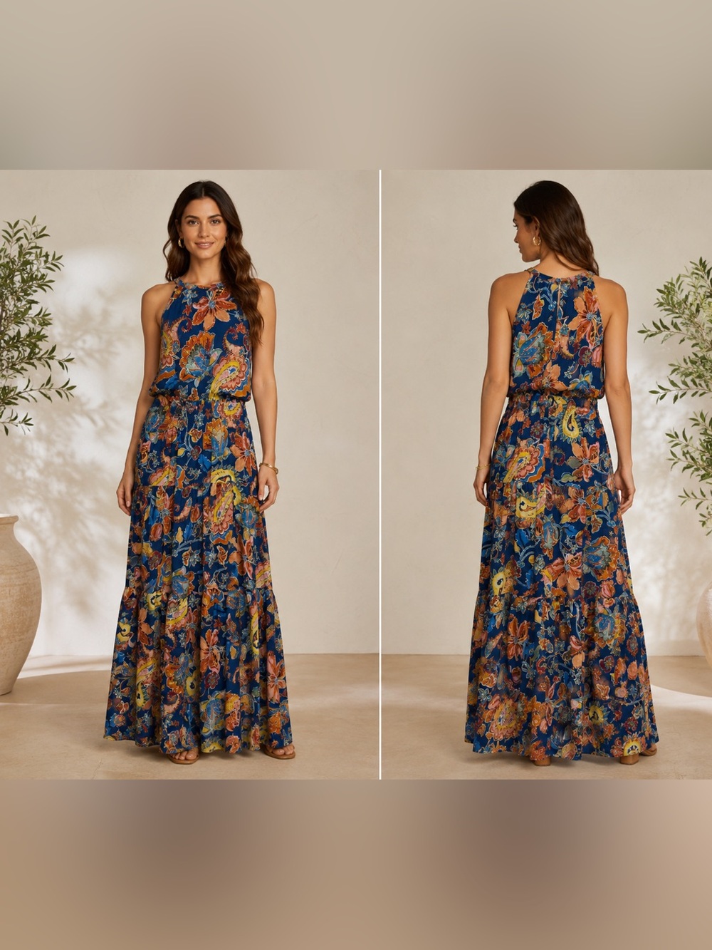 Sleeveless Navy Floral Maxi Dress